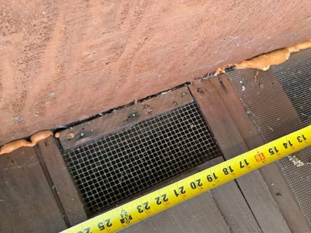 Before: quarter-inch hardware cloth at a bump-out base vent.